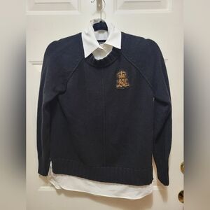 Lauren By Ralph Lauren Blue and White Crewneck Sweater with Embroidered Crest